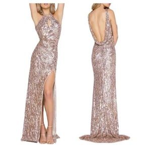 MAC DUGGAL Iridescent Rainbow Sequin Halter Gown Dress Size 10